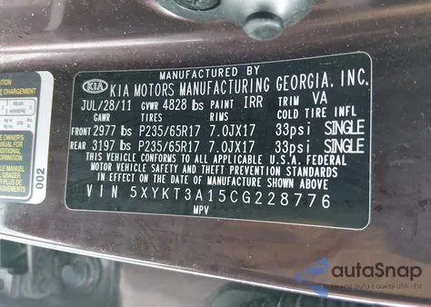 2012 Kia Sorento Lx from USA, damaged, VIN 5XYKT3A15CG228776